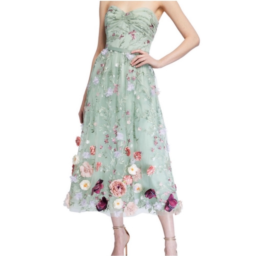 Marchesa Notte 3-D Floral Appliqué Strapless Midi Dress Rare🌸